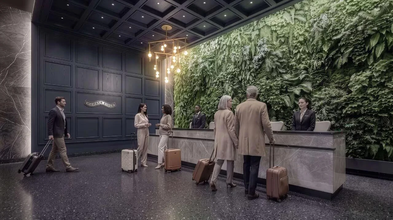 American Express plans to open a new Centurion Lounge at Newark Liberty International Airport. This rendering of the Reception area features digitally-generated human figures.