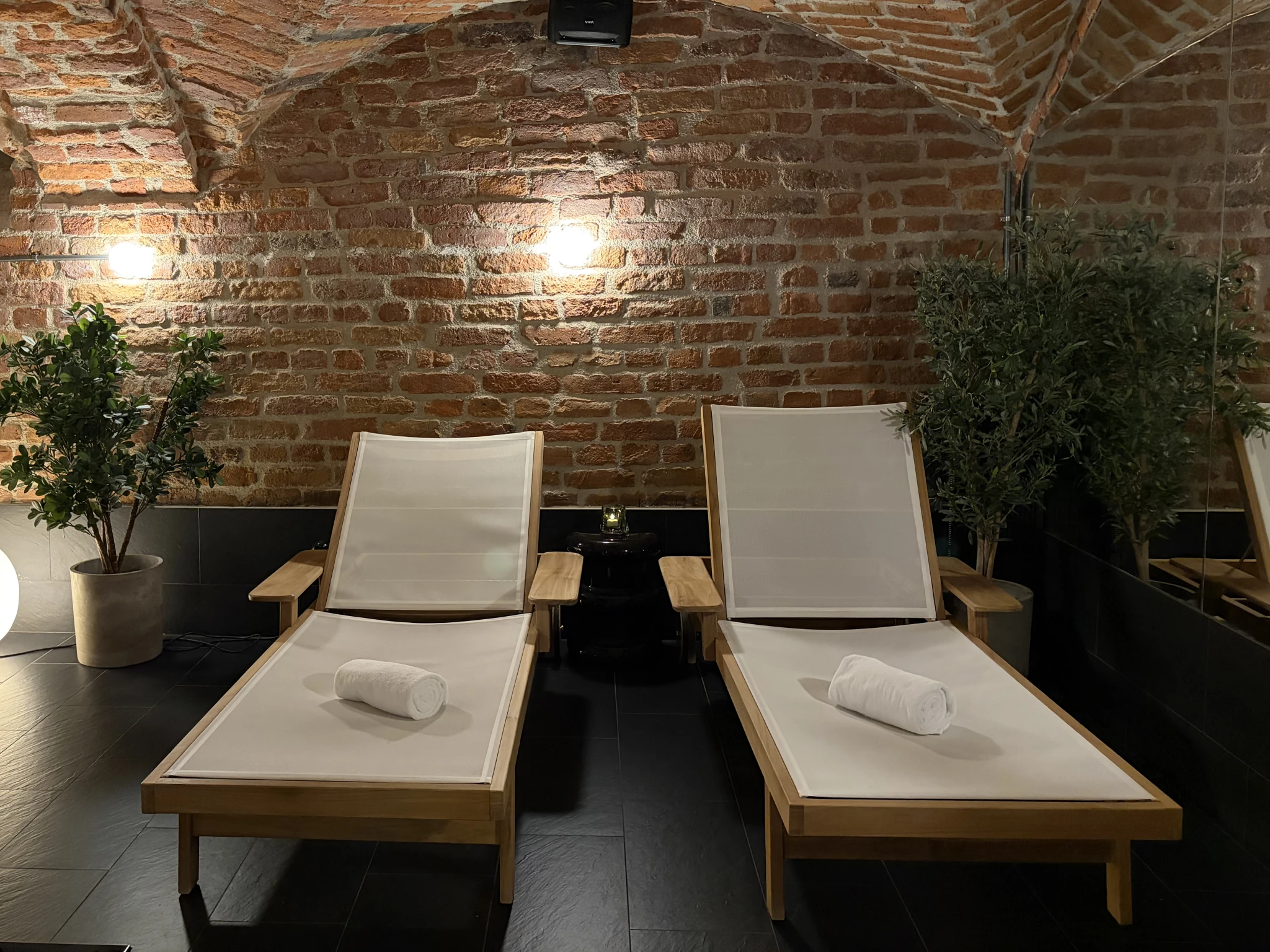 Two reclined chairs at the cellar at Hyatt in Stockholm's Old Town.