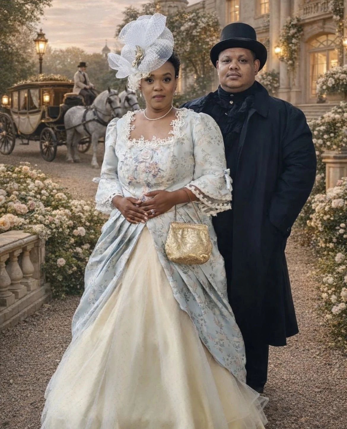 Couple dressed in Bridgerton inspired outfits