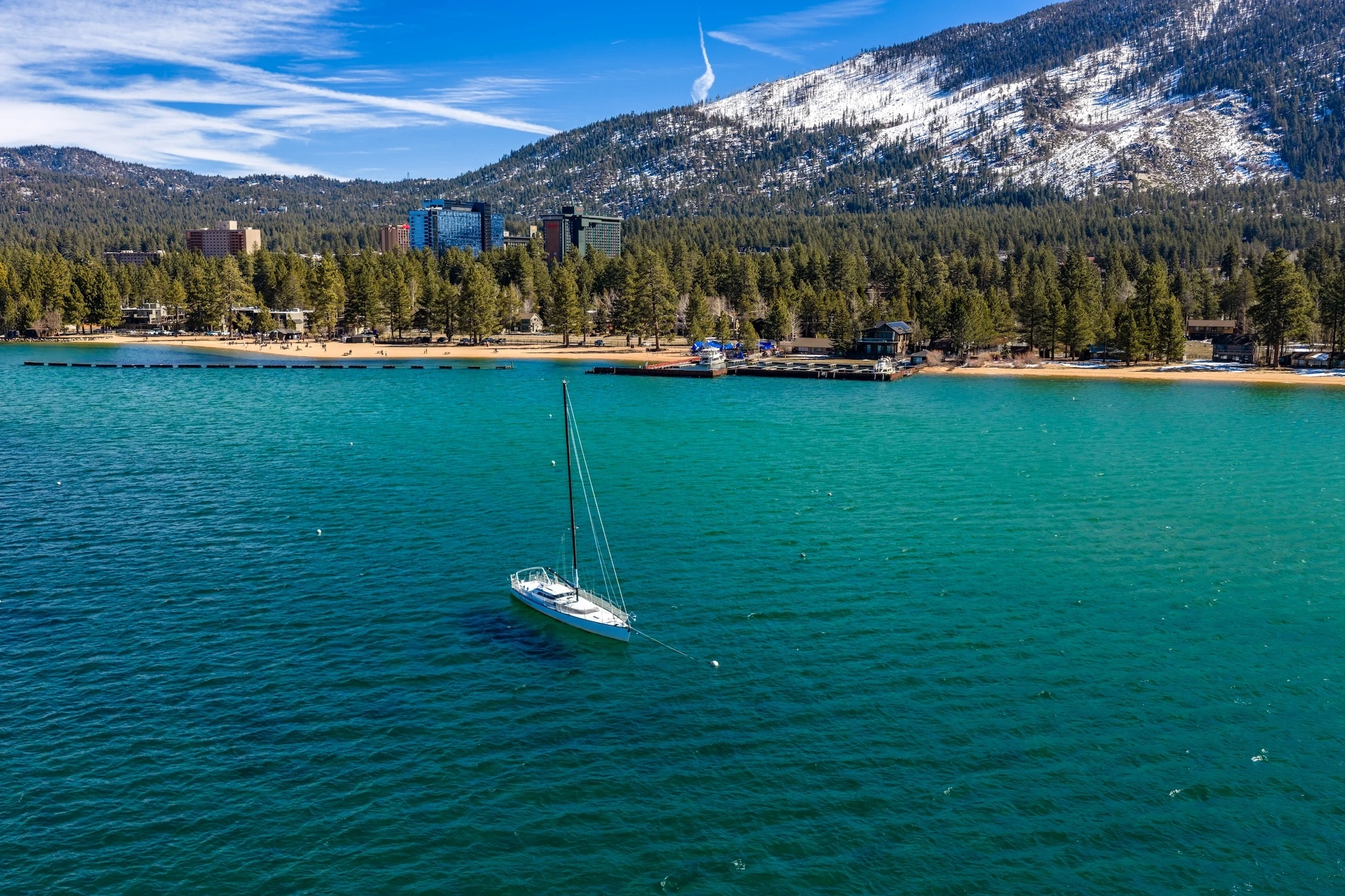 Aerial View of South Lake Tahoe, California and Stateline, Nevada on a winter afternoon.