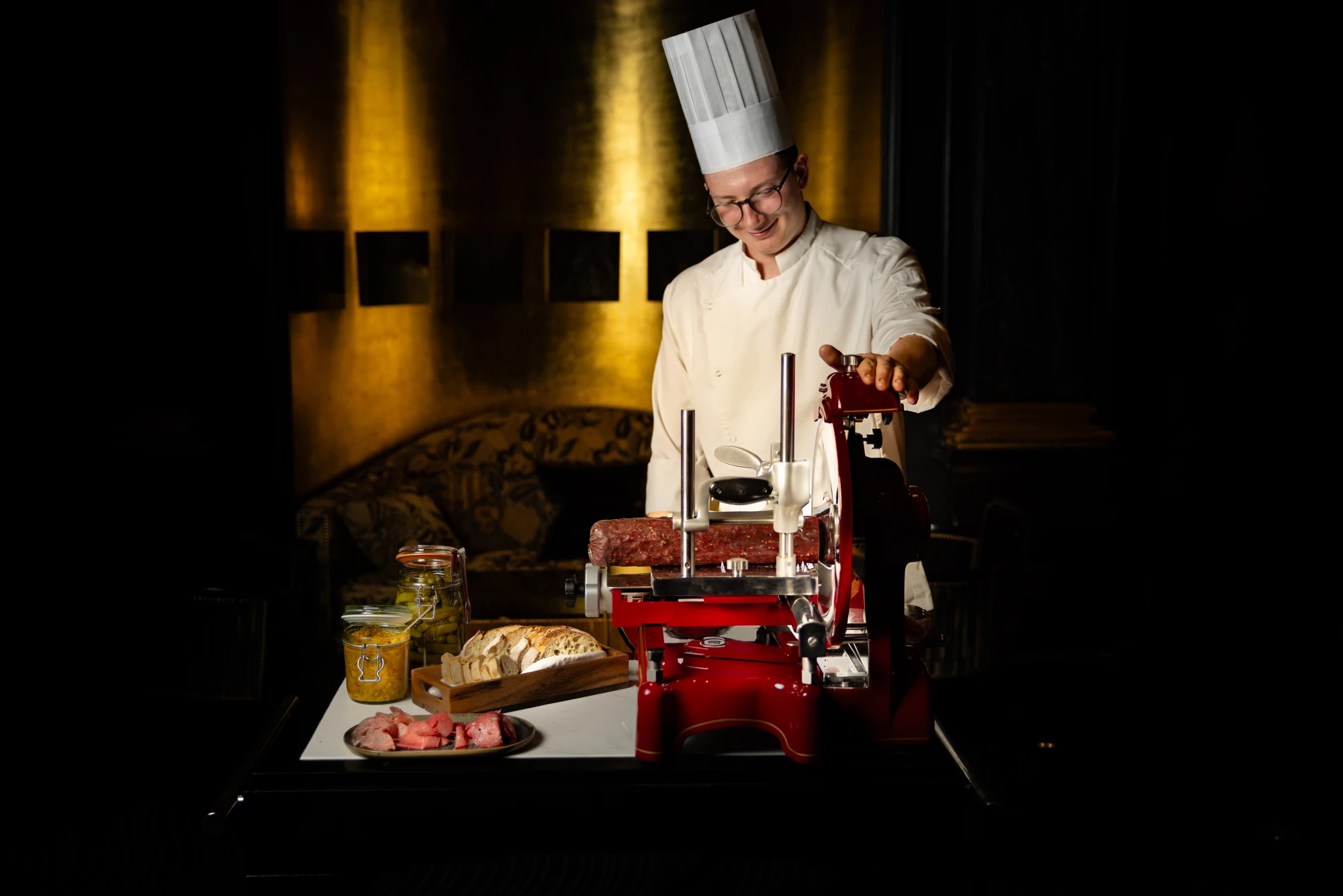 Beaufort Wine Bar at The Savoy hotel London using a custom-made flywheel slicer trolley