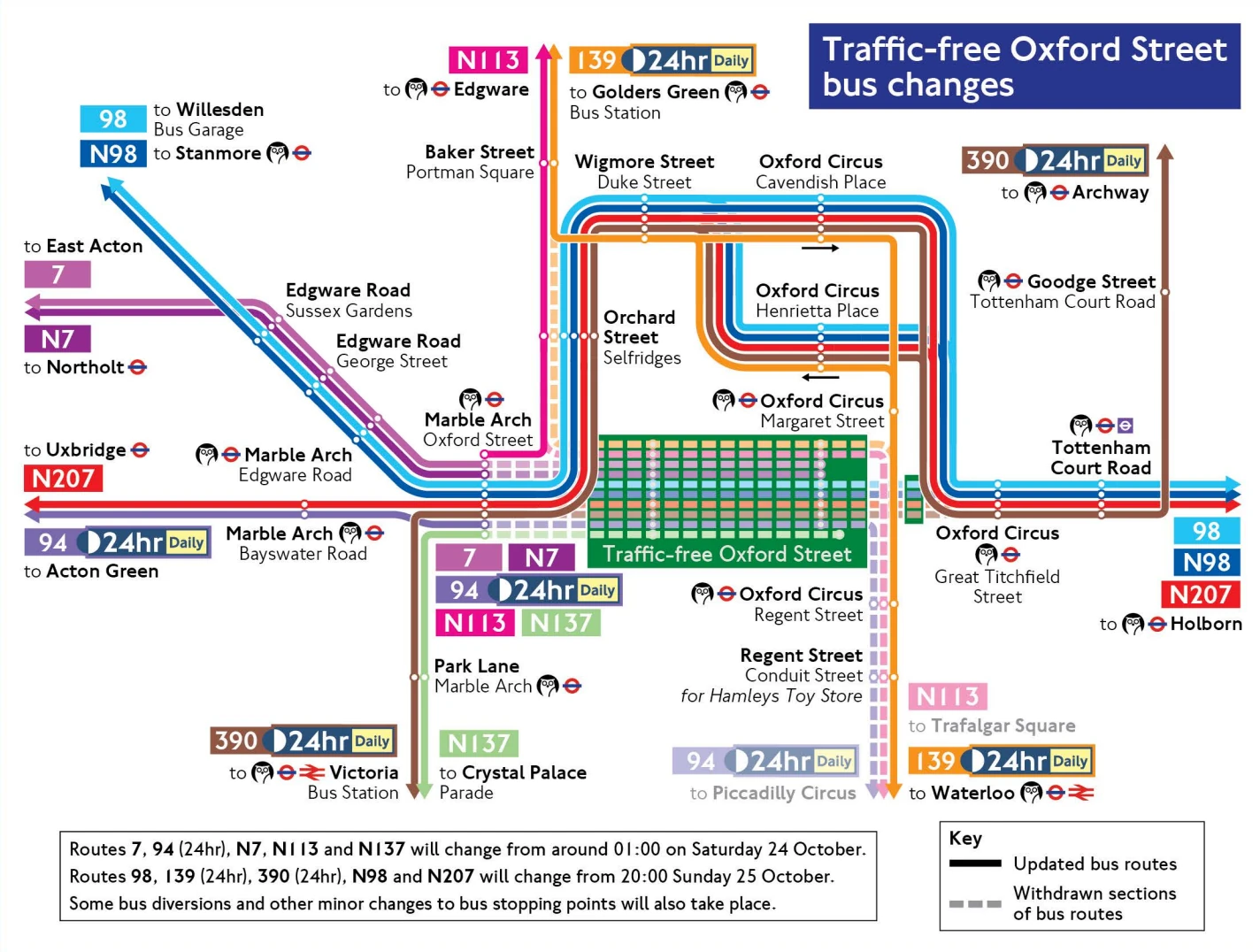 Bus service changes as Oxford Street becomes traffic-free