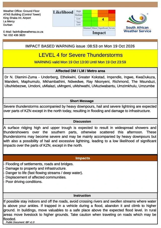 Heavy rain, lightning, and possible hail have been forecast for Durban. 