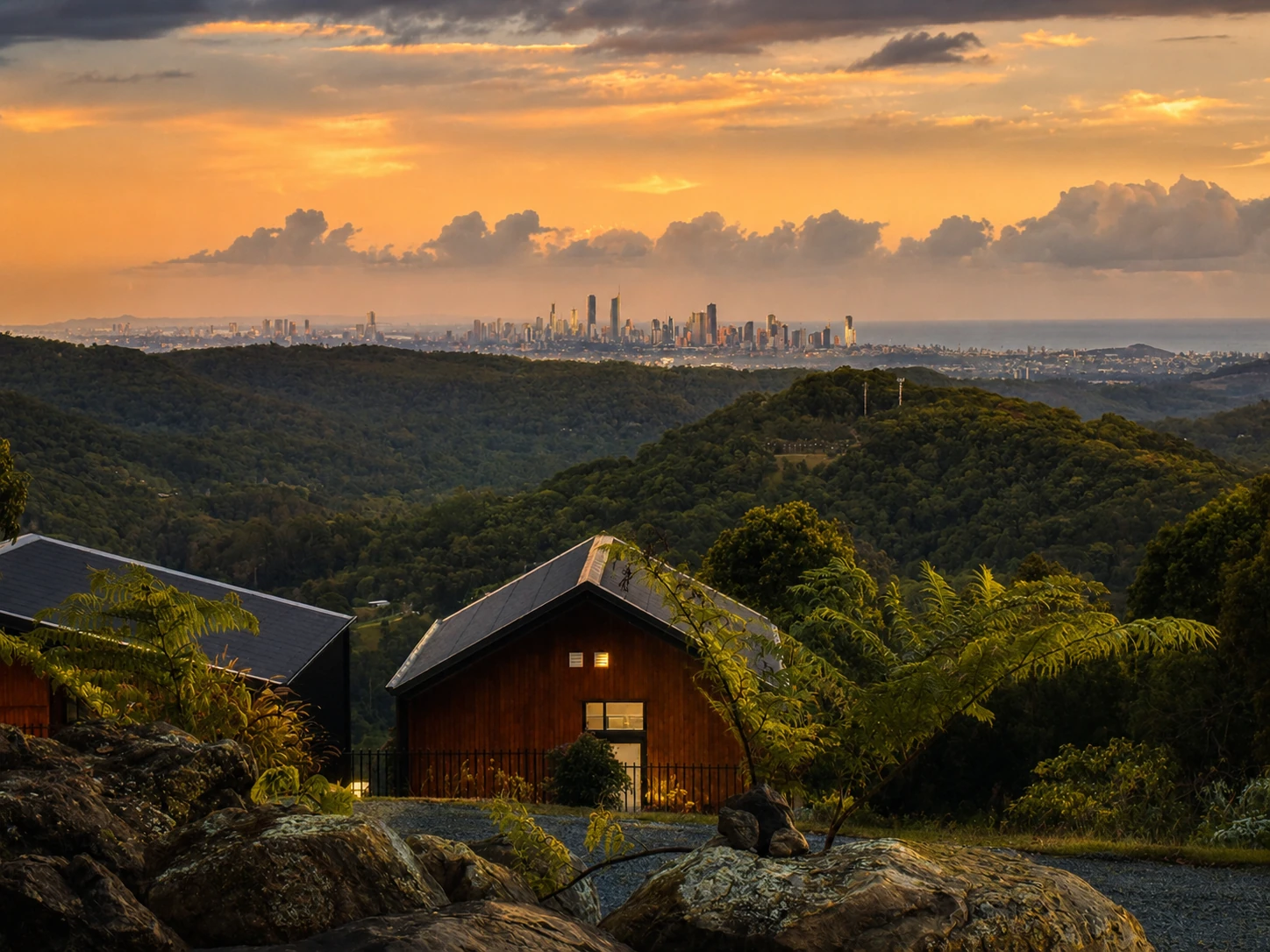 City skyline at sunset