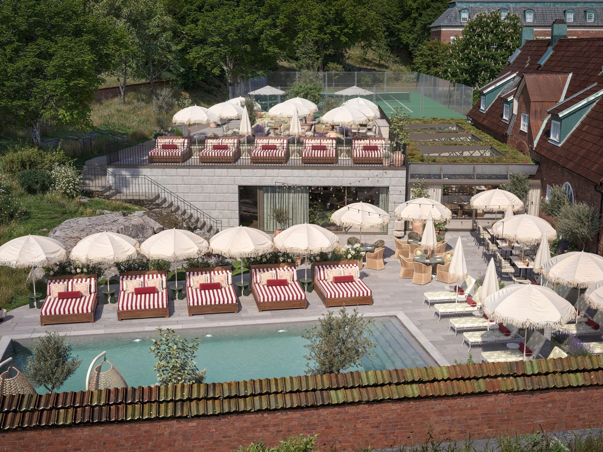 Interior and exterior views of the members&rsquo; club Villa Pauli in Djursholm, including the restaurant St. Nobl, the bar, the spa and gym, the pool terrace and a guest suite.