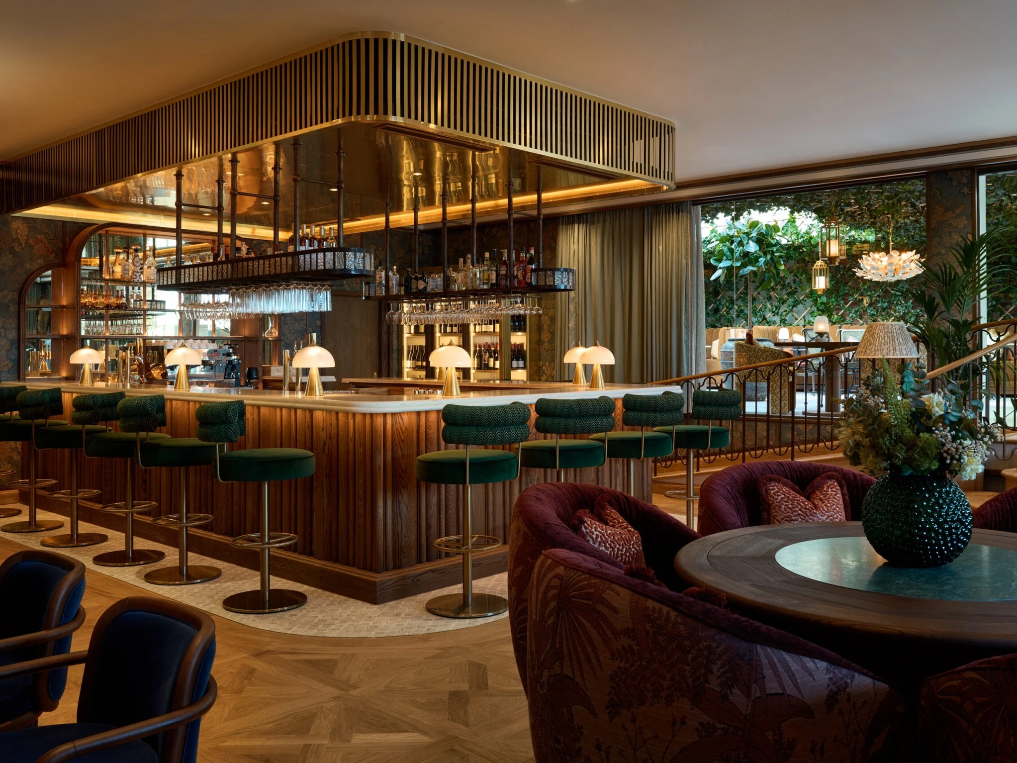 Interior and exterior views of the members&rsquo; club Villa Pauli in Djursholm, including the restaurant St. Nobl, the bar, the spa and gym, the pool terrace and a guest suite.
