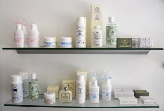 Santa Maria Novella soap, $16; shaving cream, $25; baby liquid soap, $30; cream, $38, body lotion, $74