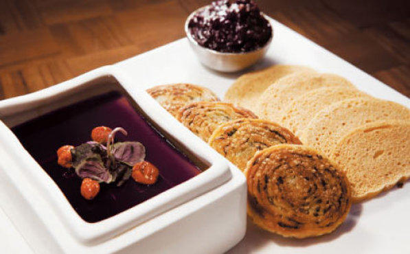 Foie gras and chicken-liver pt with scallion pancakes and black-currant jam