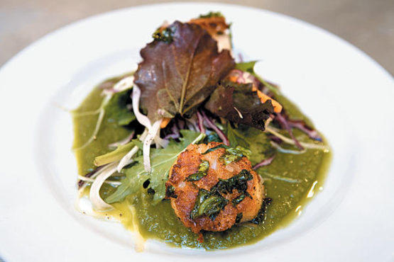 Yucca-encrusted scallops with salsa verde