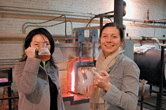 KISSING JESSICA'S STEIN Glassblowers mug for the camera at One Sixty Glass.