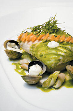 Halibut with clams and parsley sauce