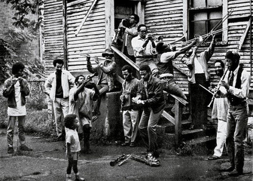 HORNS APLENTY Cofounder Abrams (third from left, crouching, in 1968) helped AACM members find their unique place.