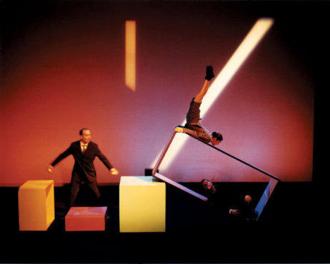 “There are only three cubes onstage, and an entire universe comes out of them,” says Aurélien Bory (left, with Anne De Buck and Olivier Alenda).