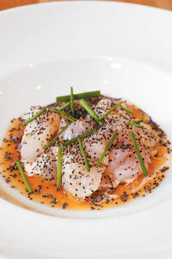 Raw fluke with buttermilk, poppy-seed and sriracha chili sauce