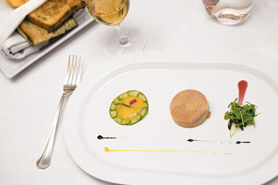 Foie gras with persimmon puree and asparagus