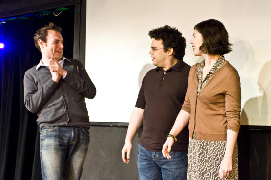 Brandon Scott Jones cajoles Jon Gutierrez and Alison Bennett