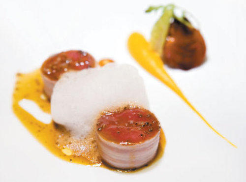 Squab with bacon, chestnut cream andpain d’épices foam