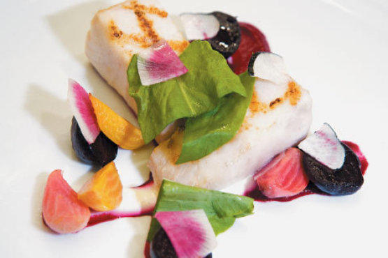 Sturgeon with radishes, horseradish crème fraîche and beets
