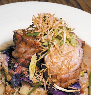 Rabbit roulade with brussels sprouts, apples and mushrooms