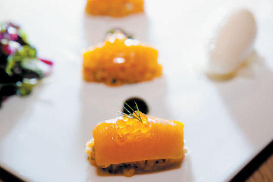 Raw arctic-char slices and tartare with trout roe and Asian pear sorbet