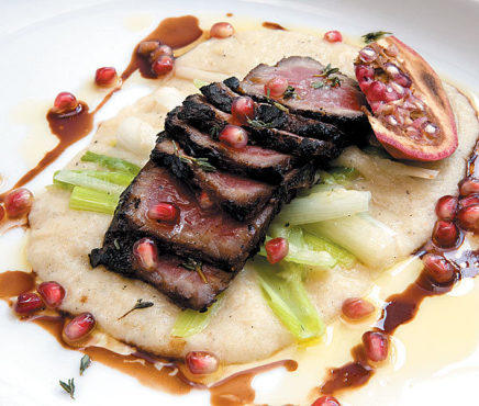 Pomegranate-cured strip steak with cauliflower puree