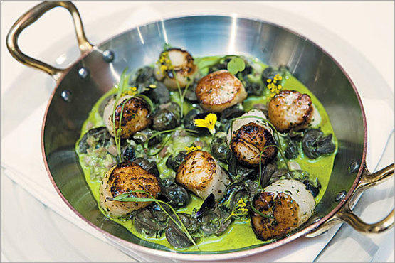 Baby scallops and snails in a parsley pesto