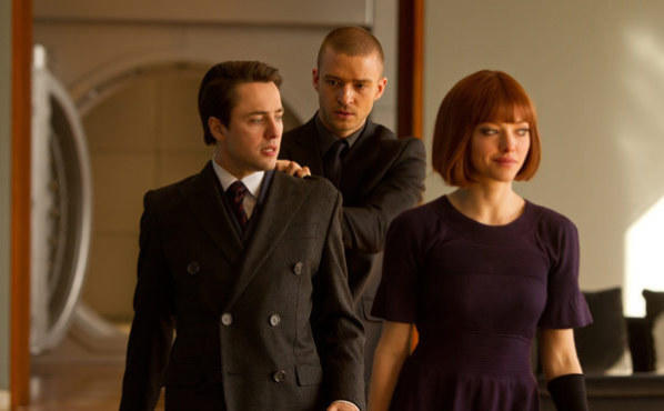 Vincent Kartheiser, left, Justin Timberlake and Amanda Seyfried in In Time