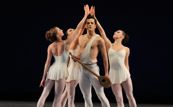 A GOD IS BORN Fairchild performs Apollo at the Kennedy Center with, from left, Sterling Hyltin, Ana Sophia Scheller and Tiler Peck.