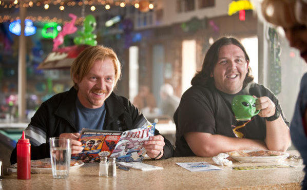 <p>DORK SIDE OF THE MOON Pegg, left, and Frost fuel up for the trip to Area 51.</p>