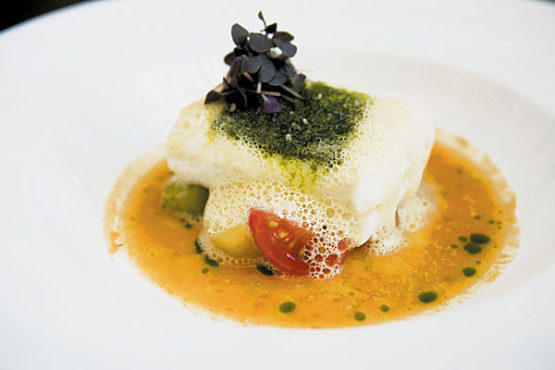 Hallibut with cherry-tomato broth and basil