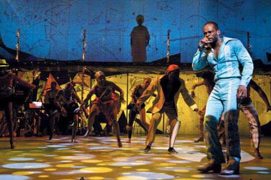 BLUE MAN GROUP Sahr Ngaujah, right, leads the pack in the title role of Fela!