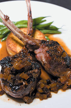 Spice-rubbed lamb chops with fried hummus