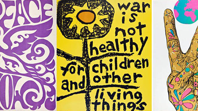 Peace, 1970, by unknown artist; Children and Other Living Things, 1967, by Lorraine Schneider; World Peace, 1970, by Earl Newman