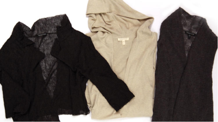 Eileen Fisher organic cotton and cashmere V-neck hooded tunics, $79 (were $158)