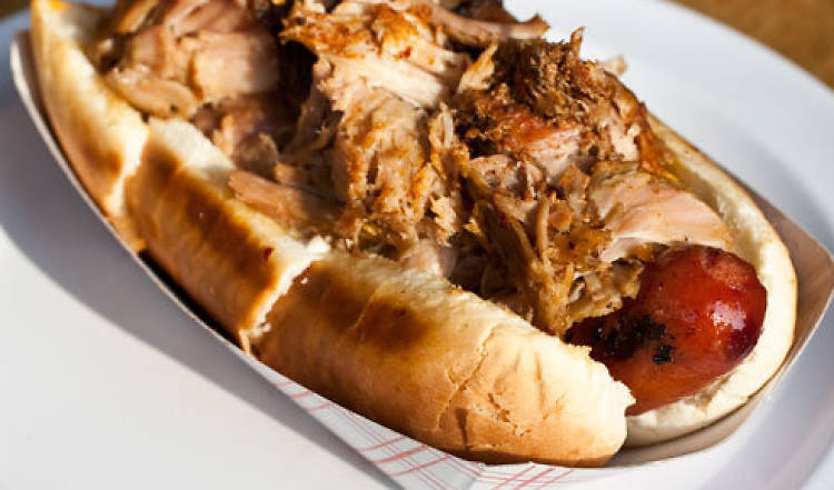 Black Angus Dog with Pulled Pork at The Smoke Joint