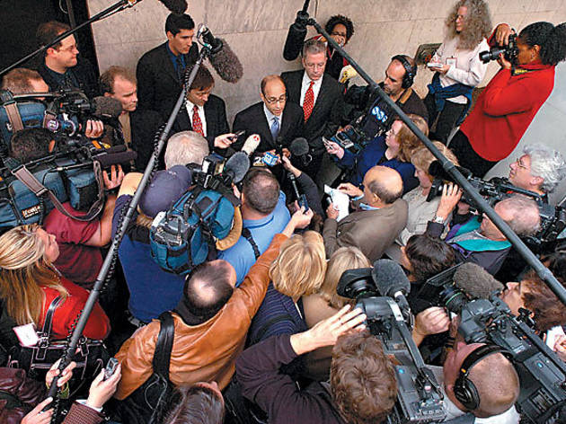 FULL COURT PRESS Reporters mob the pro-evolution attorneys FULL COURT PRESS Reporters mob the pro-evolution attorneys.