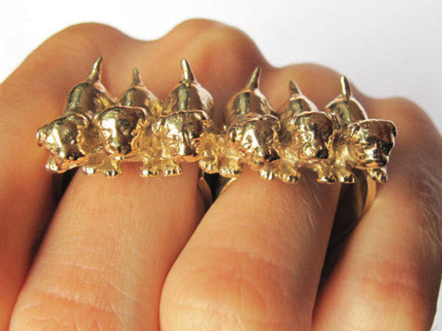 VeraMeat two-finger ring with a row of brass puppies, $170 VeraMeat two-finger ring with a row of brass puppies, $170