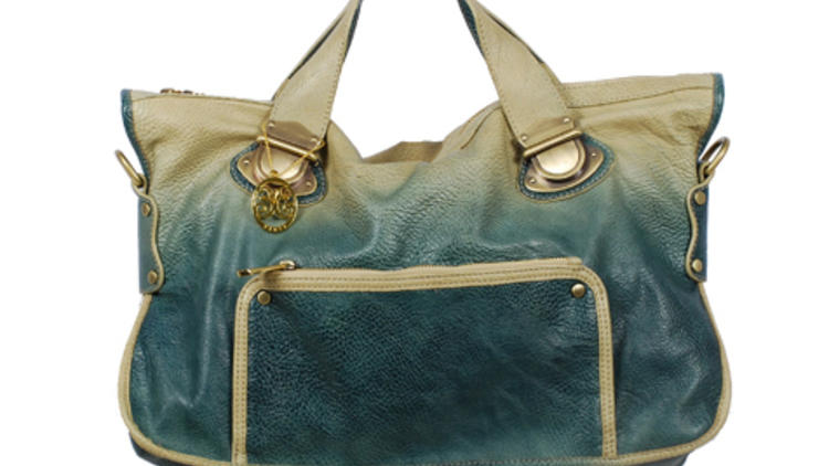 Pour La Victoire Blue Leather Green Suede Double Handle $495 MSRP Handbag  Cool!