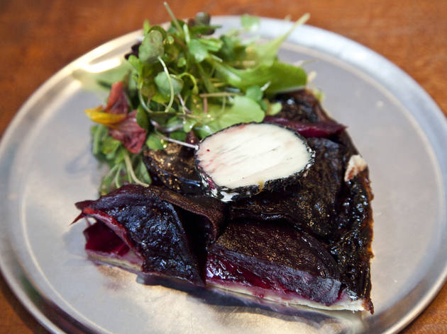 Beet tartine with ash goat cheese and micro-herbs at the Leadbelly