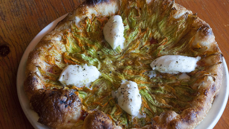 Pizza with squash blossoms and burrata at Pizzeria Mozza