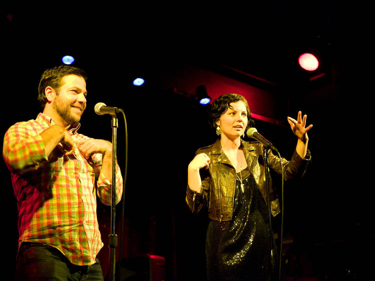 MCs Jonah Spear and Charlie Nox at Strange Angels event at Public Assembly, helping New Yorkers relax and find a date in NYC. 