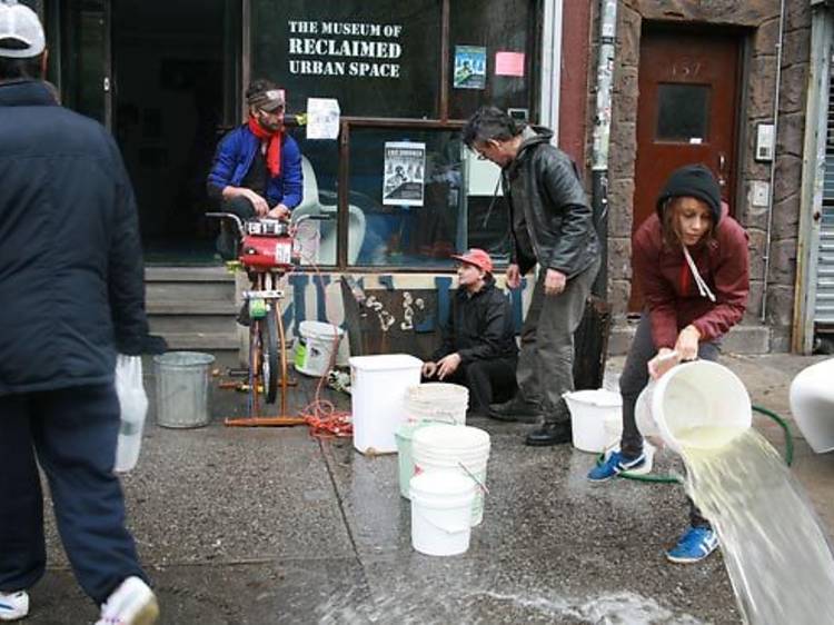 A Times Up! energy bike powers a pump to drain the basement of the Museum of Reclaimed Urban Space on Avenue C in the East Village after Hurricane Sandy.