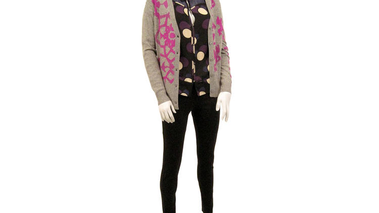 Libertine cardigan, $225 (was $750); Marc by Marc Jacobs polka-dot top, $45 (was $145); and Zara leggings, $45 (was $169); all at Housing Works Fashion for Action
