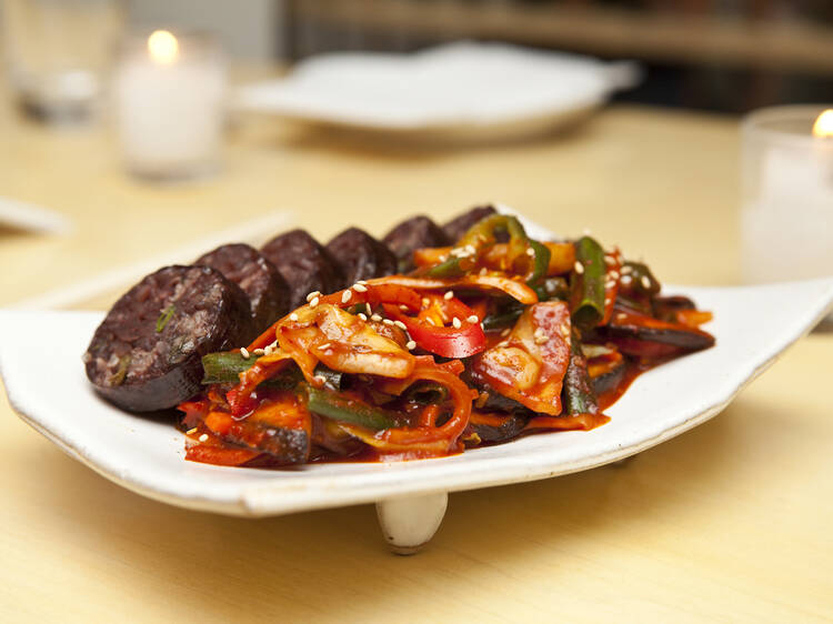 Blood sausage stir-fry at Hanjan