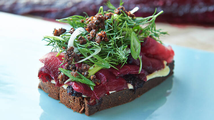 Beet-cured hake smørrebrød at Aamanns-Copenhagen