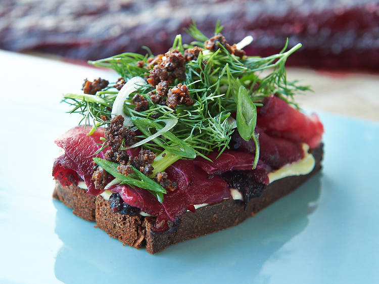 Beet-cured hake smørrebrød at Aamanns-Copenhagen