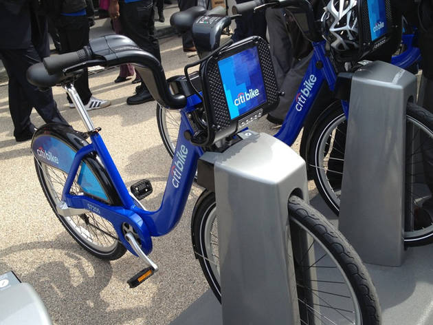 A CitiBike in a docking station in Dumbo