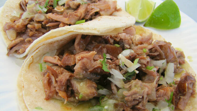 Pork offal tacos at a tire shop