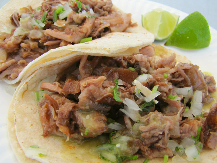 Pork offal tacos at a tire shop