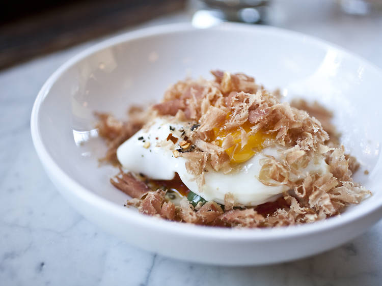 egg with cured tuna and harissa